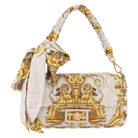 FENDI Zucca Canvas Mamma Baguette Bag Nylon FENDACE Beige Gold Auth 202905SAM