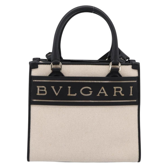 BVLGARI Hand Bag Canvas 2way Beige Gold Auth 202907M