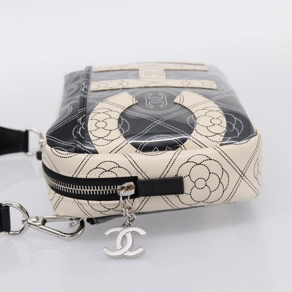 CHANEL Camelia Shoulder Bag PVC Canvas Black Silver CC Auth 202912SAM