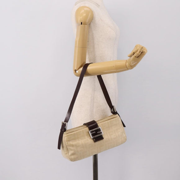 FENDI Zucca Canvas Mamma Baguette Shoulder Bag Beige Silver Auth 202919V
