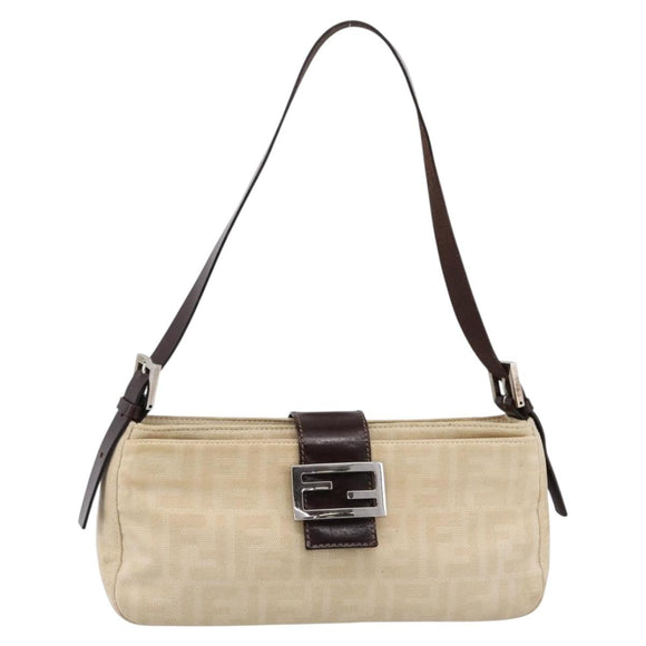 FENDI Zucca Canvas Mamma Baguette Shoulder Bag Beige Silver Auth 202919V