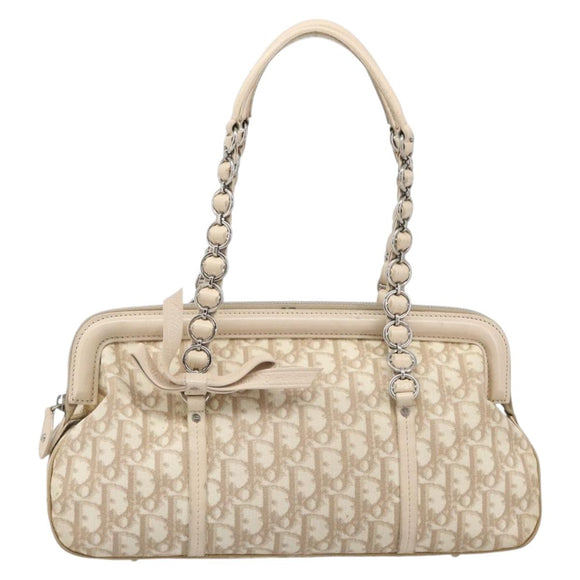 Christian Dior Trotter Canvas Romantic Hand Bag PVC Beige Silver Auth 202956