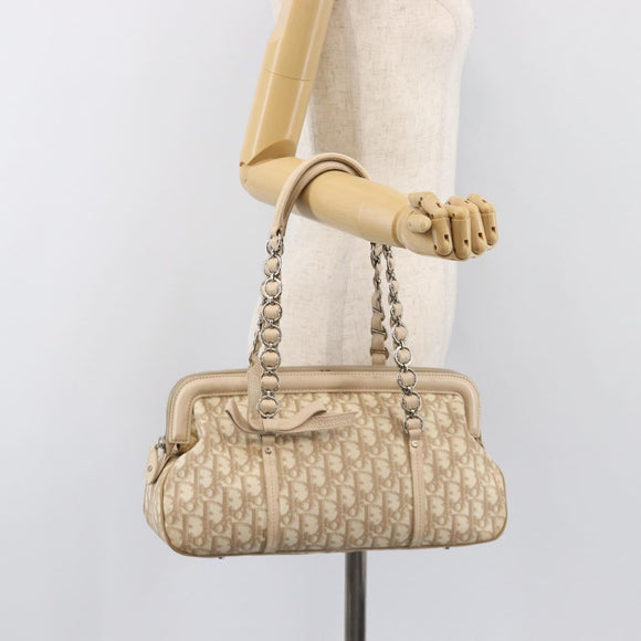 Christian Dior Trotter Canvas Romantic Hand Bag PVC Beige Silver Auth 202956