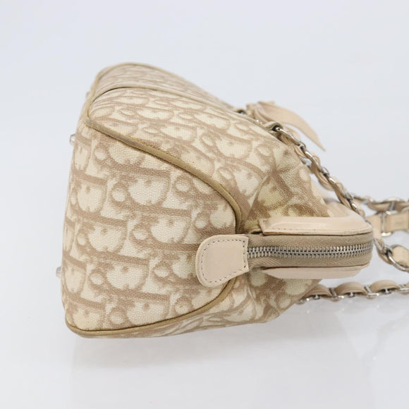 Christian Dior Trotter Canvas Romantic Hand Bag PVC Beige Silver Auth 202956