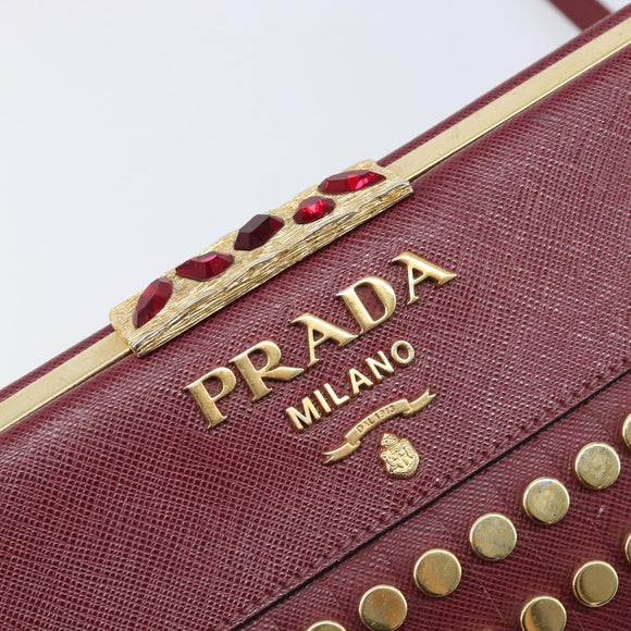 PRADA Shoulder Bag Safiano Leather Bordeaux Gold Auth 202965V