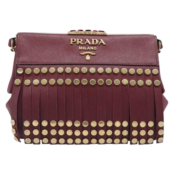 PRADA Shoulder Bag Safiano Leather Bordeaux Gold Auth 202965V