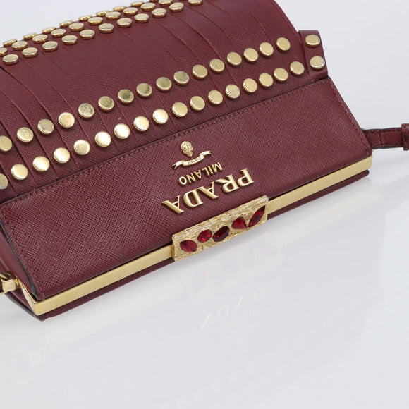 PRADA Shoulder Bag Safiano Leather Bordeaux Gold Auth 202965V