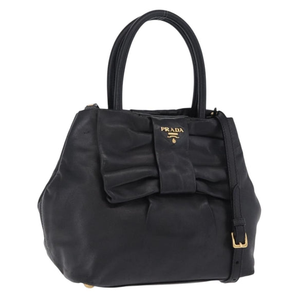 PRADA Ribbon Hand Bag Leather Black Gold Auth 202973V