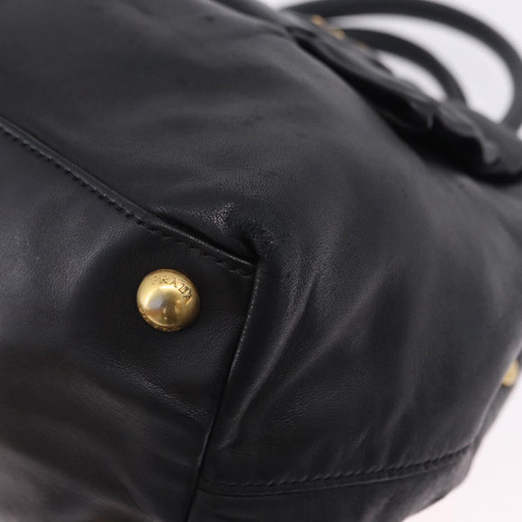 PRADA Ribbon Hand Bag Leather Black Gold Auth 202973V