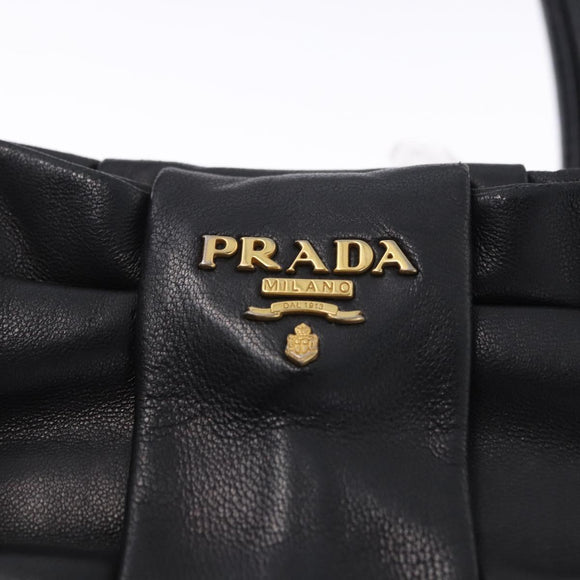 PRADA Ribbon Hand Bag Leather Black Gold Auth 202973V