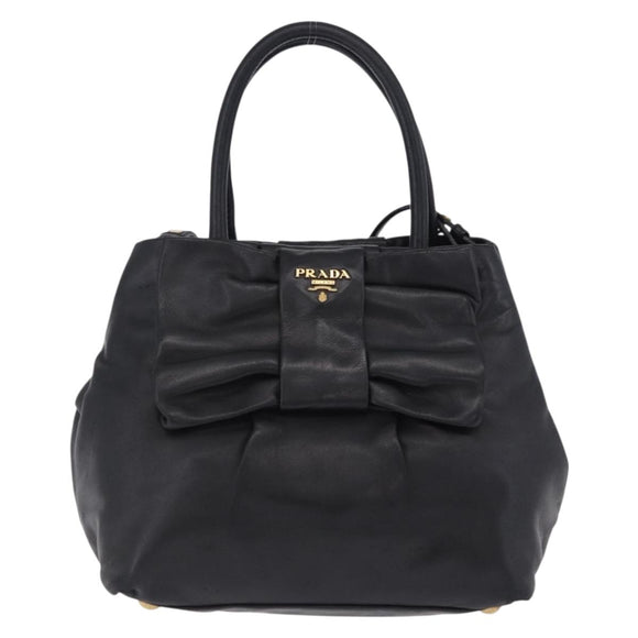 PRADA Ribbon Hand Bag Leather Black Gold Auth 202973V