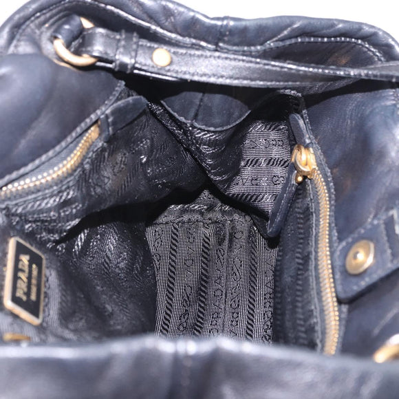 PRADA Ribbon Hand Bag Leather Black Gold Auth 202973V