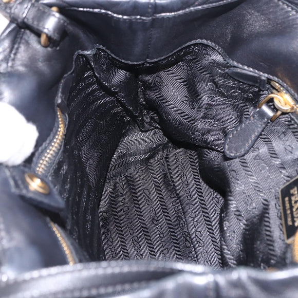 PRADA Ribbon Hand Bag Leather Black Gold Auth 202973V