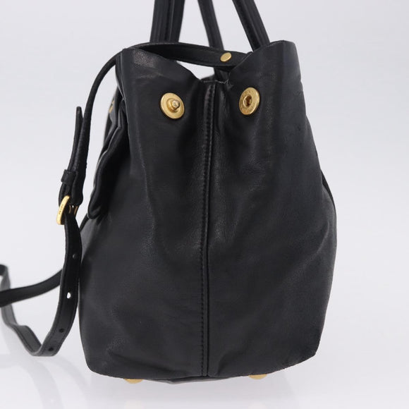 PRADA Ribbon Hand Bag Leather Black Gold Auth 202973V