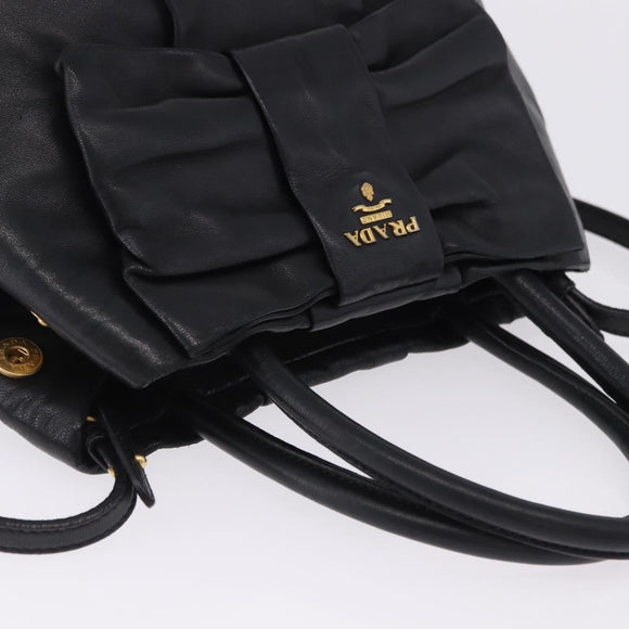PRADA Ribbon Hand Bag Leather Black Gold Auth 202973V