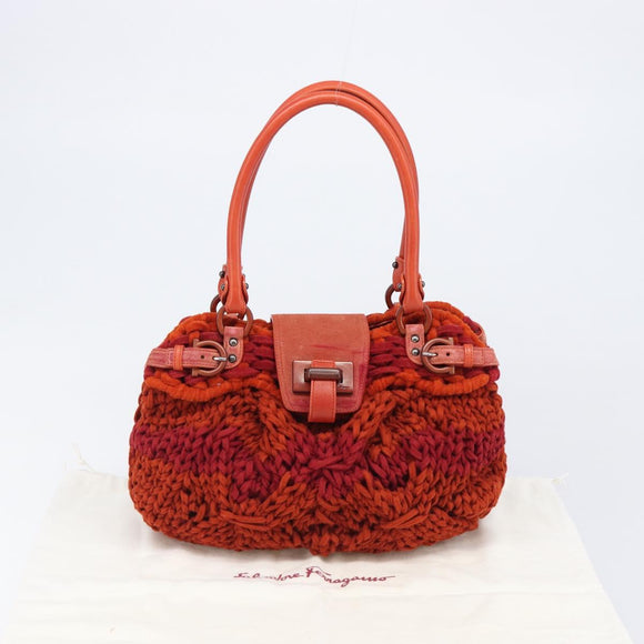 Salvatore Ferragamo Gancini Hand Bag Knitted Fabrics Red Silver Auth 202979V