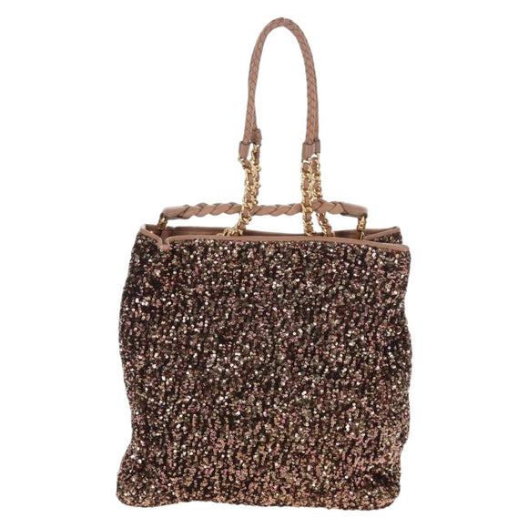 Miu Miu Tote Bag Leather Sequins 2way Beige Gold Auth 202996M