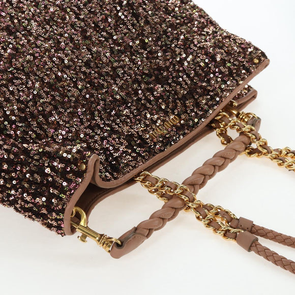 Miu Miu Tote Bag Leather Sequins 2way Beige Gold Auth 202996M