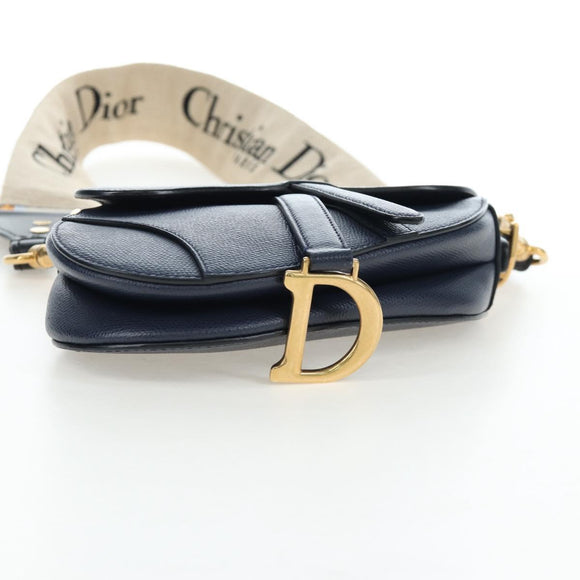 Christian Dior Saddle Shoulder Bag Leather 2way Navy Gold Auth 203000V