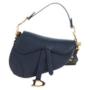Christian Dior Saddle Shoulder Bag Leather 2way Navy Gold Auth 203000V-2