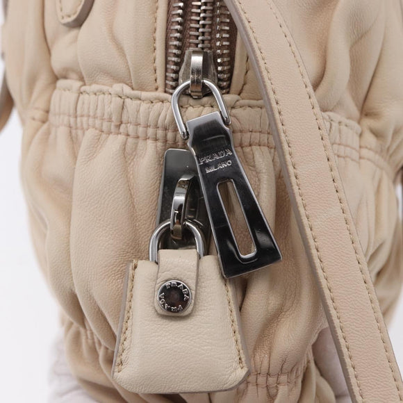 PRADA Gathered Hand Bag Leather 2way Ivory Silver Auth 203005V