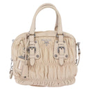 PRADA Gathered Hand Bag Leather 2way Ivory Silver Auth 203005V-2
