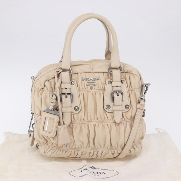 PRADA Gathered Hand Bag Leather 2way Ivory Silver Auth 203005V