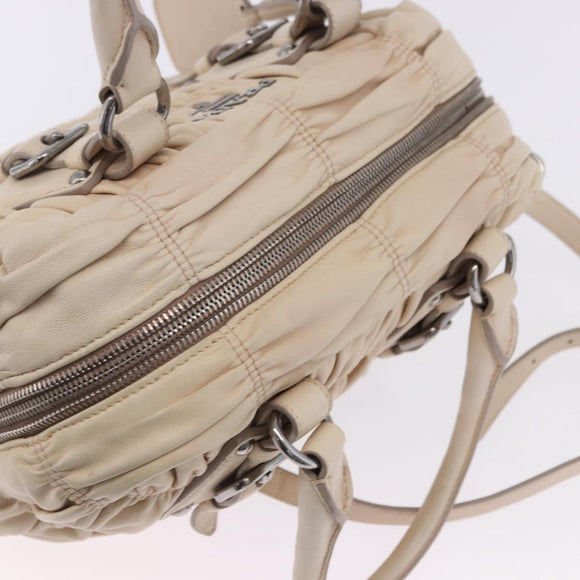 PRADA Gathered Hand Bag Leather 2way Ivory Silver Auth 203005V
