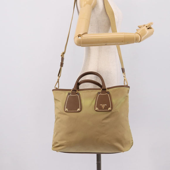 PRADA Hand Bag Nylon Leather 2way Beige Gold Auth 203008