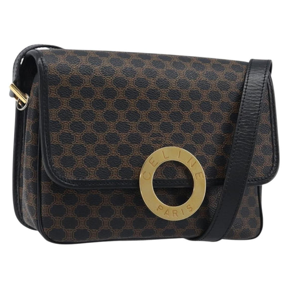 CELINE Macadam Canvas Circle Hand Bag PVC Leather Black Gold Auth 203016
