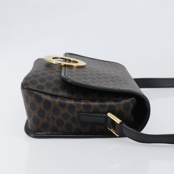 CELINE Macadam Canvas Circle Hand Bag PVC Leather Black Gold Auth 203016