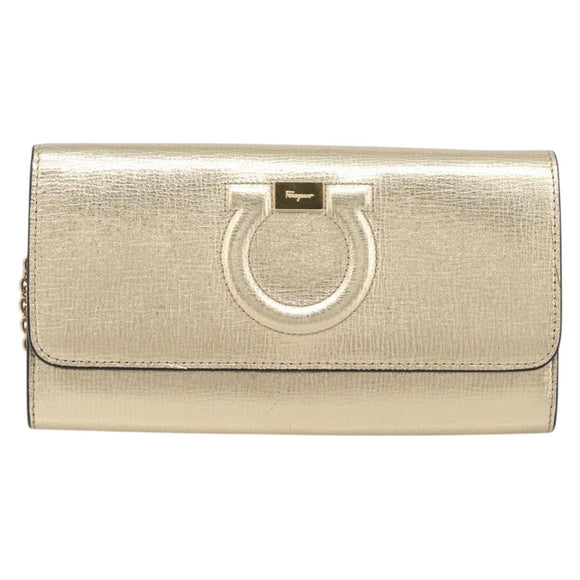 Salvatore Ferragamo Gancini Chain Shoulder Wallet Leather Gold Auth 203036V