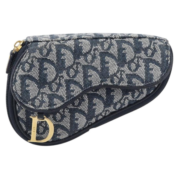 Christian Dior Trotter Canvas saddle Pouch Navy Gold Auth 203040A