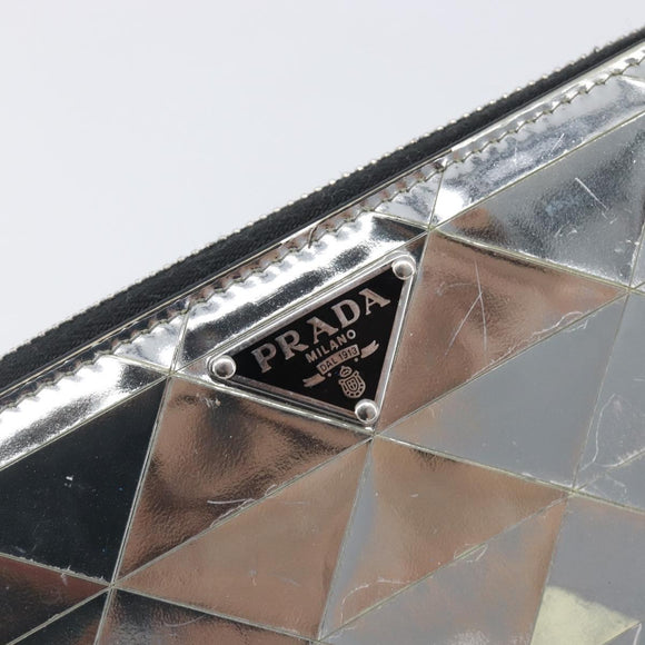 PRADA Long Wallet Leather Silver Auth 203045