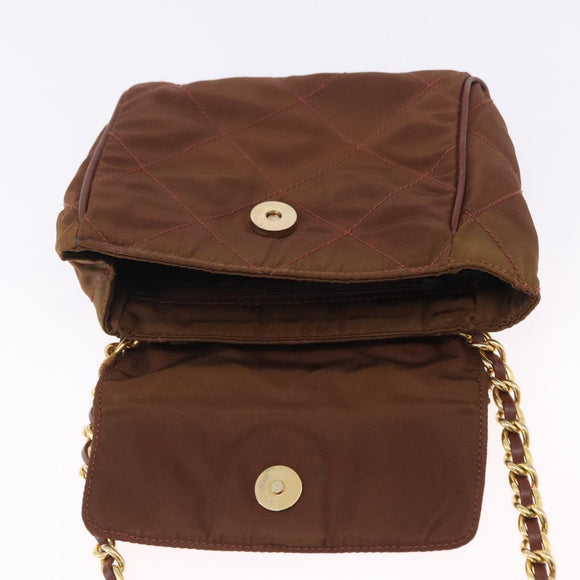 PRADA Chain Shoulder Bag Nylon Brown Gold Tone Auth 203074