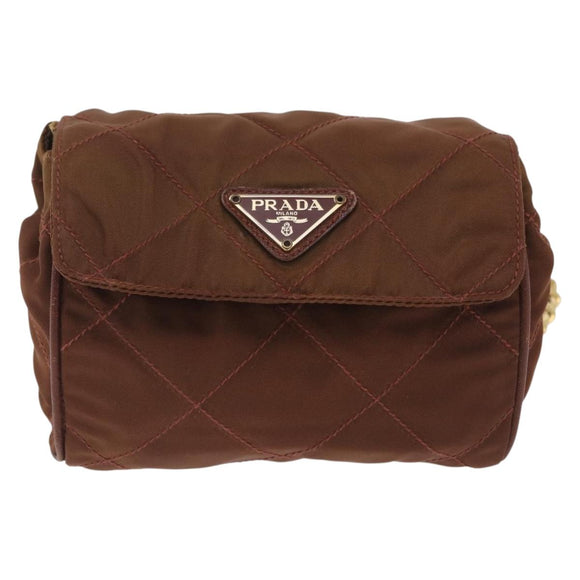 PRADA Chain Shoulder Bag Nylon Brown Gold Tone Auth 203074