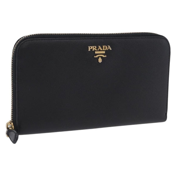 PRADA Long Wallet Saffiano Black Gold Tone Auth 203079