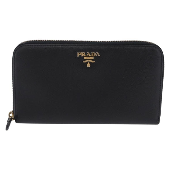 PRADA Long Wallet Saffiano Black Gold Tone Auth 203079
