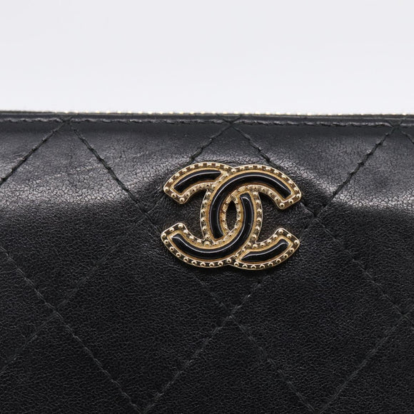 CHANEL Bicolore Long Wallet Leather Black Gold Tone CC Auth 203085