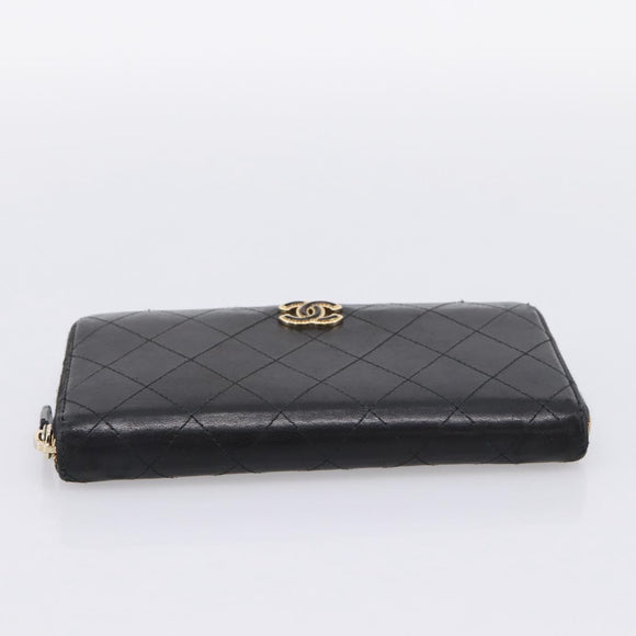 CHANEL Bicolore Long Wallet Leather Black Gold Tone CC Auth 203085