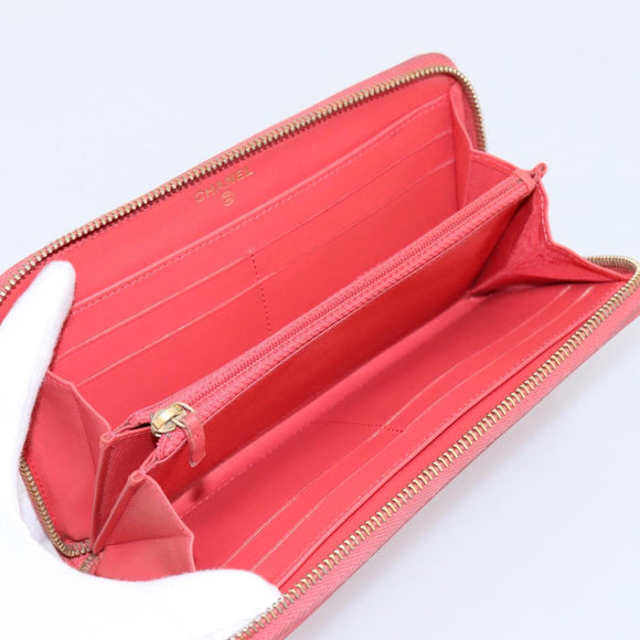 CHANEL Matelasse Long Wallet Caviar Skin Orange Gold Tone CC Auth 203090