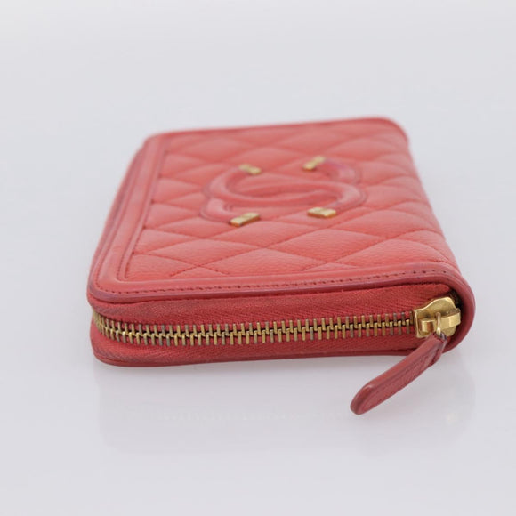 CHANEL Matelasse Long Wallet Caviar Skin Orange Gold Tone CC Auth 203090