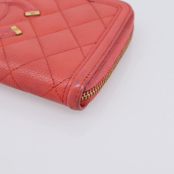 CHANEL Matelasse Long Wallet Caviar Skin Orange Gold Tone CC Auth 203090