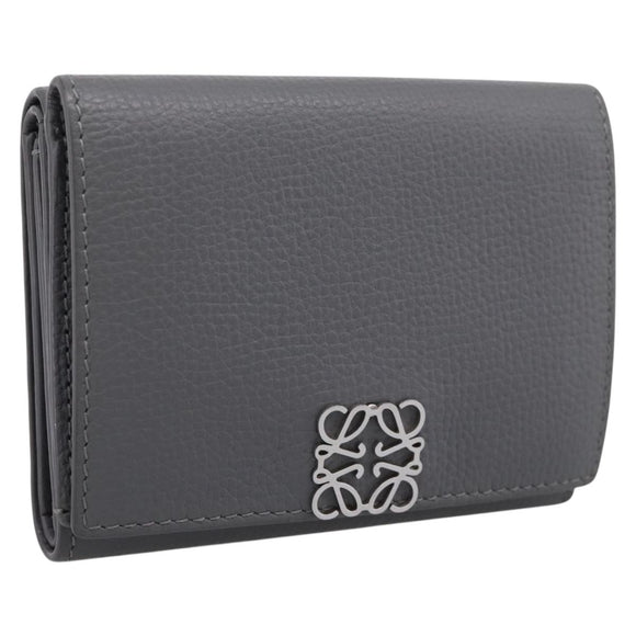 LOEWE Anagram Trifold Wallet Leather Gray Silver Auth 203094A