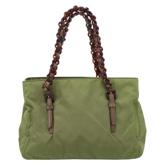 PRADA Chain Shoulder Bag Nylon Green Silver Auth 203138