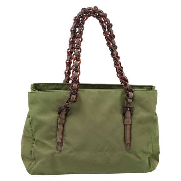 PRADA Chain Shoulder Bag Nylon Green Silver Auth 203138