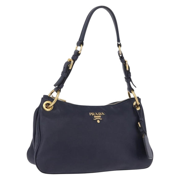 PRADA Shoulder Bag Leather Navy Gold Auth 203139V