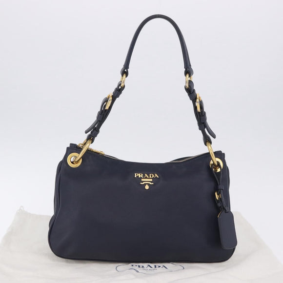 PRADA Shoulder Bag Leather Navy Gold Auth 203139V