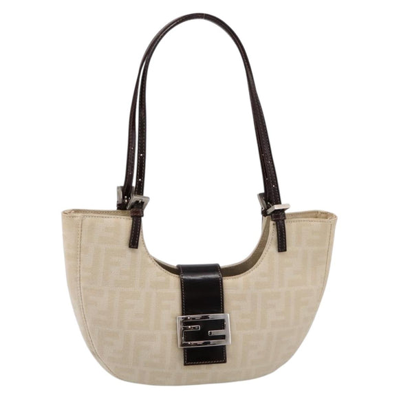 FENDI Zucca Canvas Mamma Baguette Shoulder Bag Beige Silver Auth 203140V