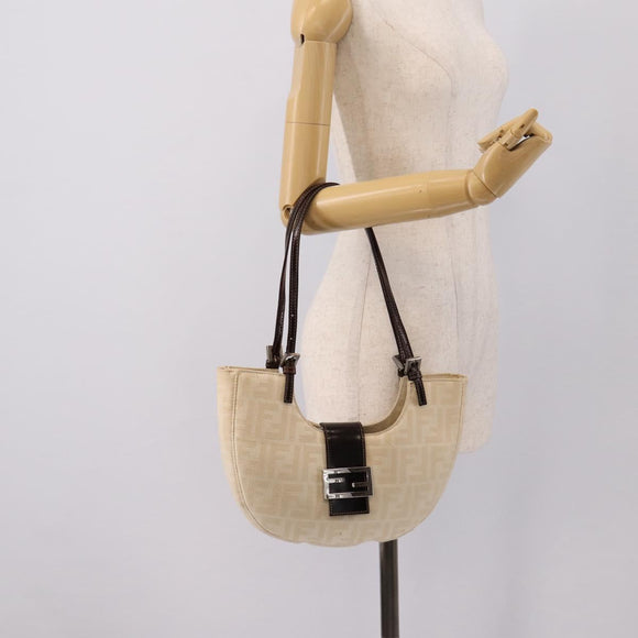 FENDI Zucca Canvas Mamma Baguette Shoulder Bag Beige Silver Auth 203140V